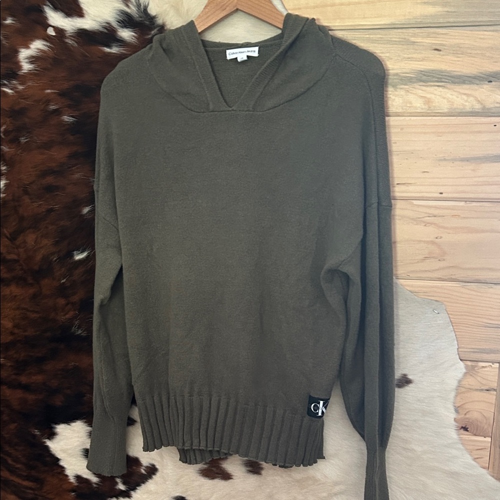 Calvin Klein Olive Green Hooded Pullover  Sweater Size Large